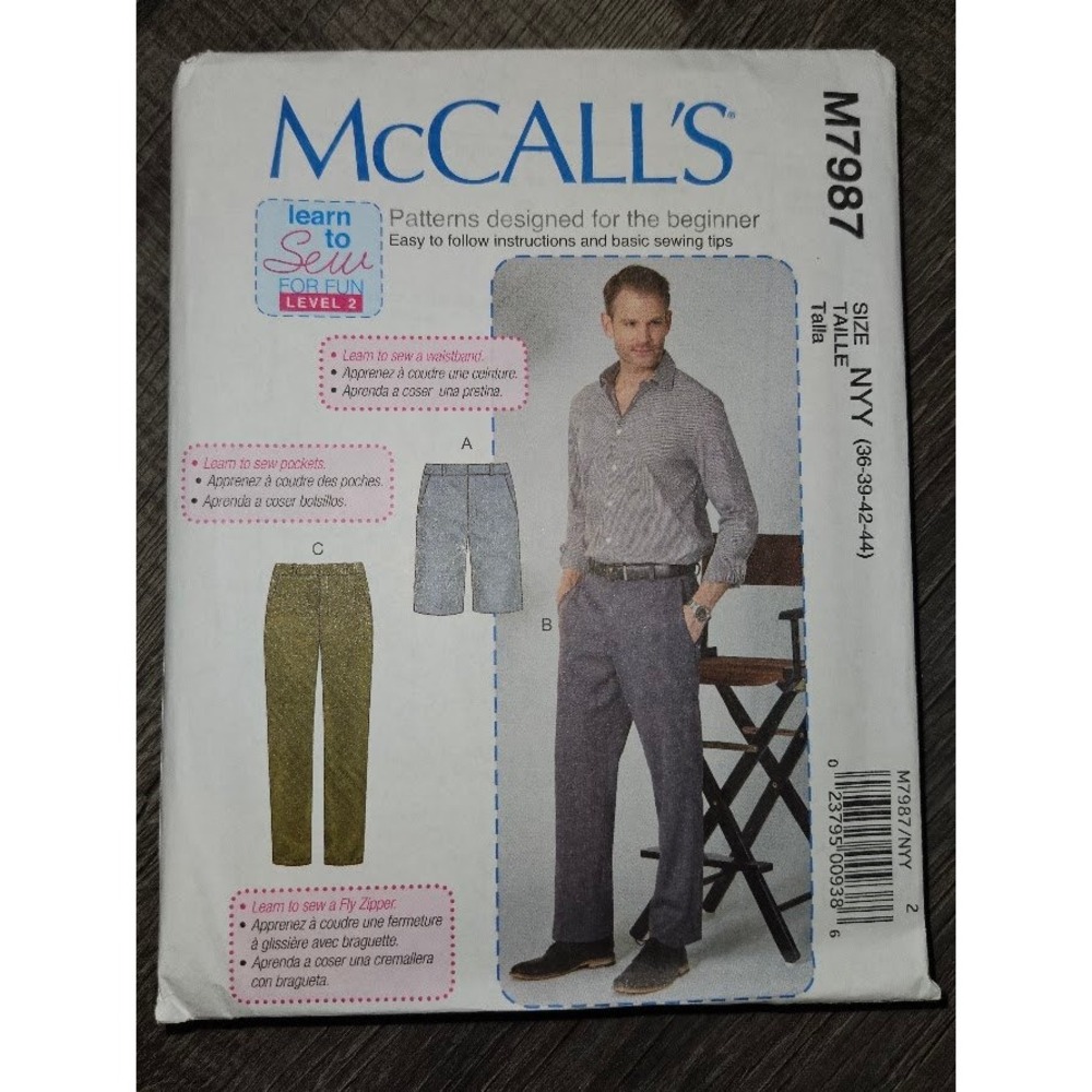 McCalls M7987 Mens Pants Shorts Sewing Pattern Learn to Sew Level 2 Size 36-44